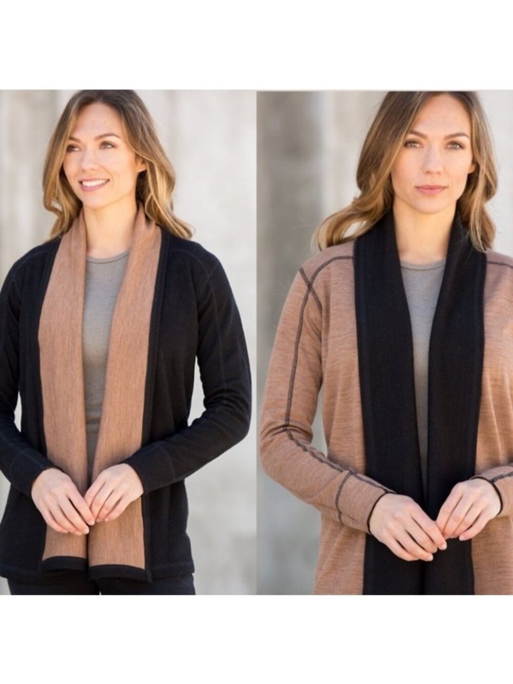 Ibex Women’s Large Dyad Reversible Cardigan  Merino Wool Open Front Black Camel